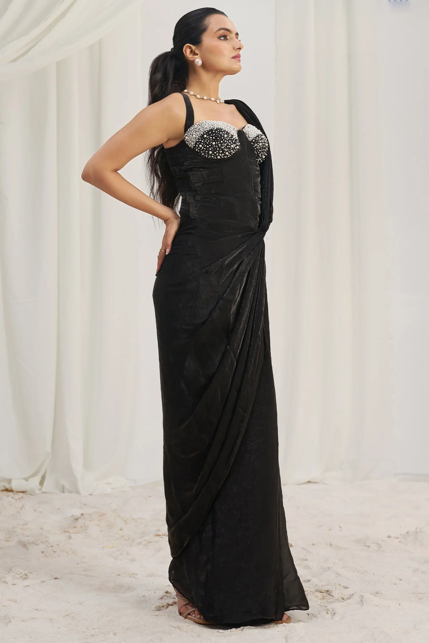 Black Orgazna Pre-Draped Saree with Corset - Image 4