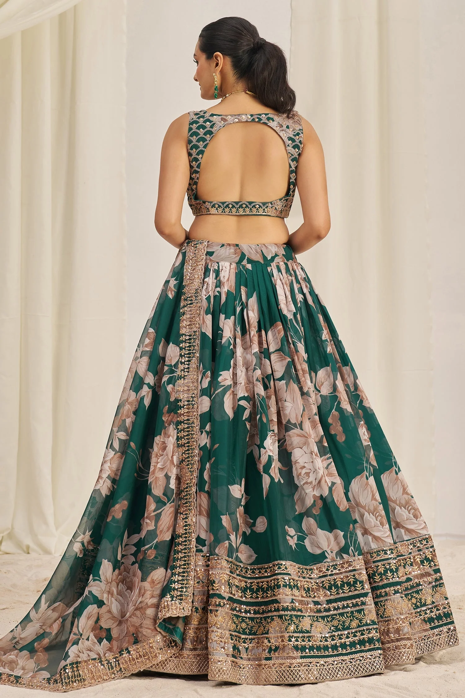 Dark Green Organza Floral Printed Lehenga with Sequins Border - Image 4