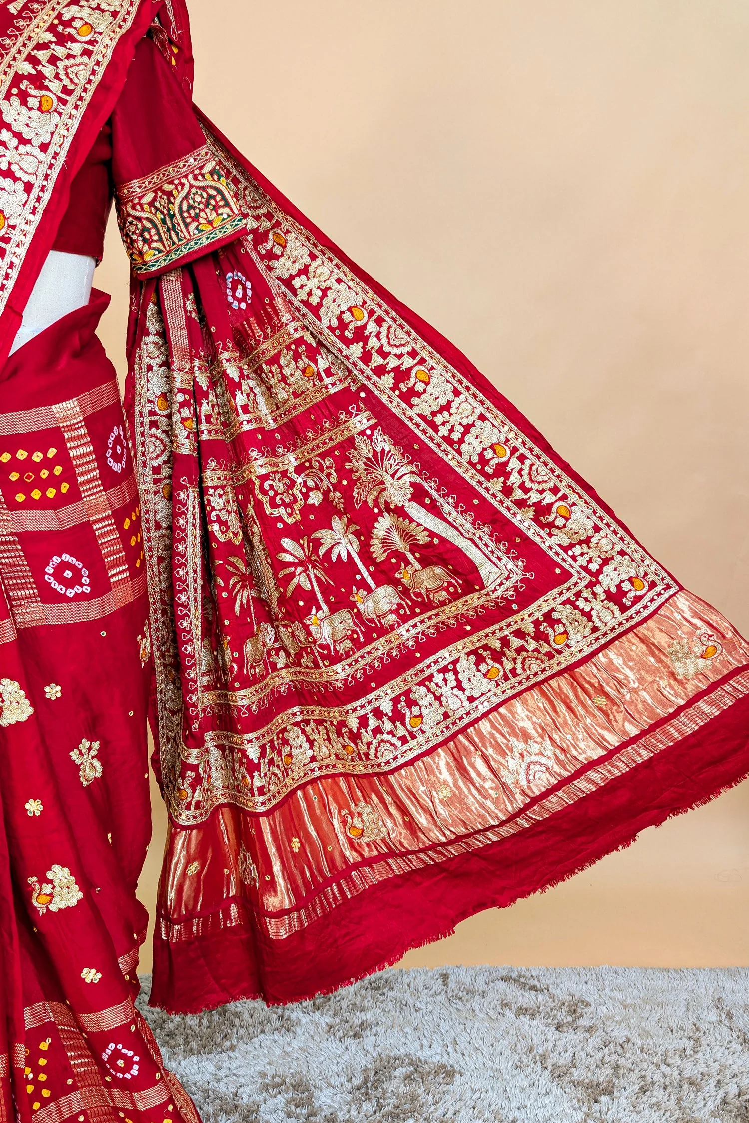 Maroon Gaji Silk Traditional Bandhej Checks Gharchola Saree with Embroidery and Peacock Motif - Image 7
