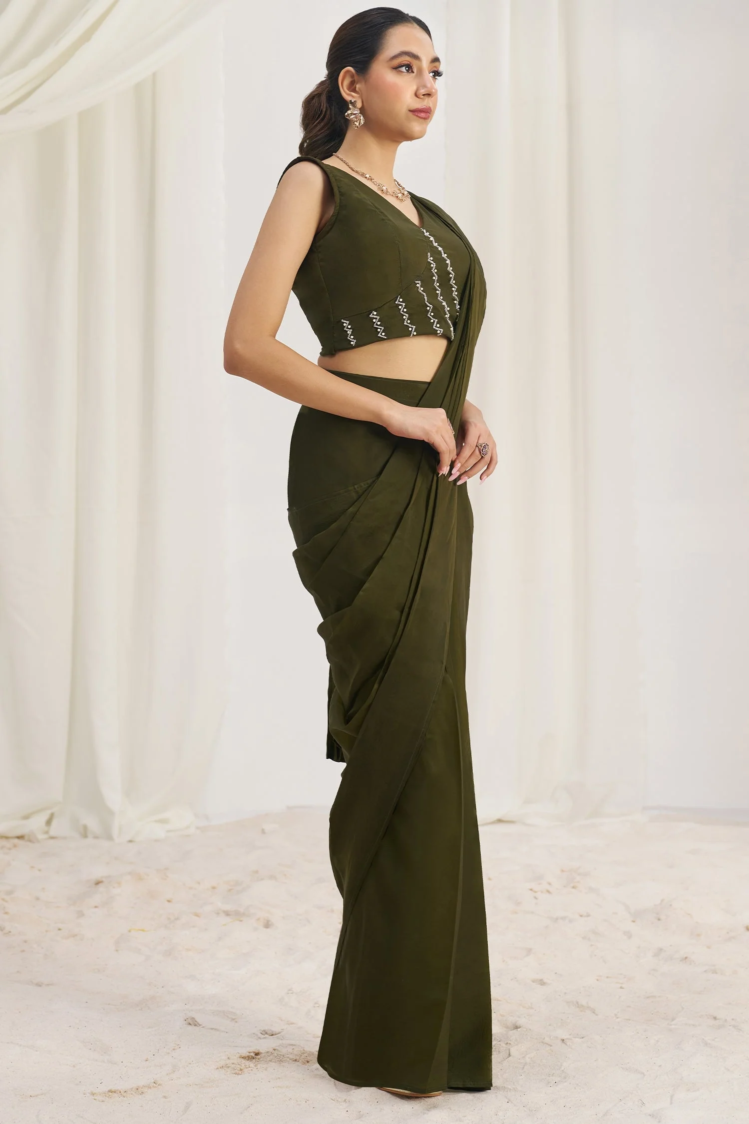Olive Green Organza Pre Stitched Saree - Image 3